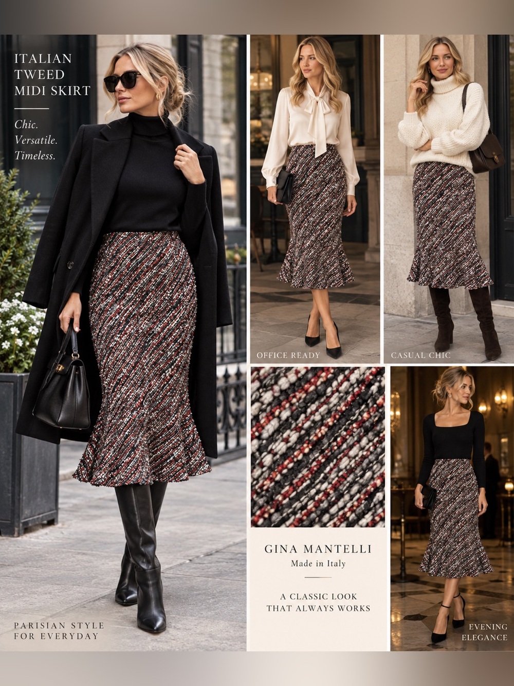 Tweed Midi Skirt in Multi-Color